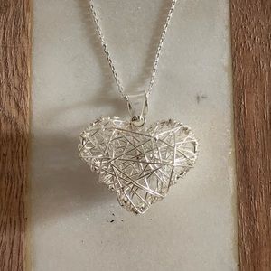 Handmade Solid Sterling Silver Wire Heart Necklace Italian Chain with Wire Heart